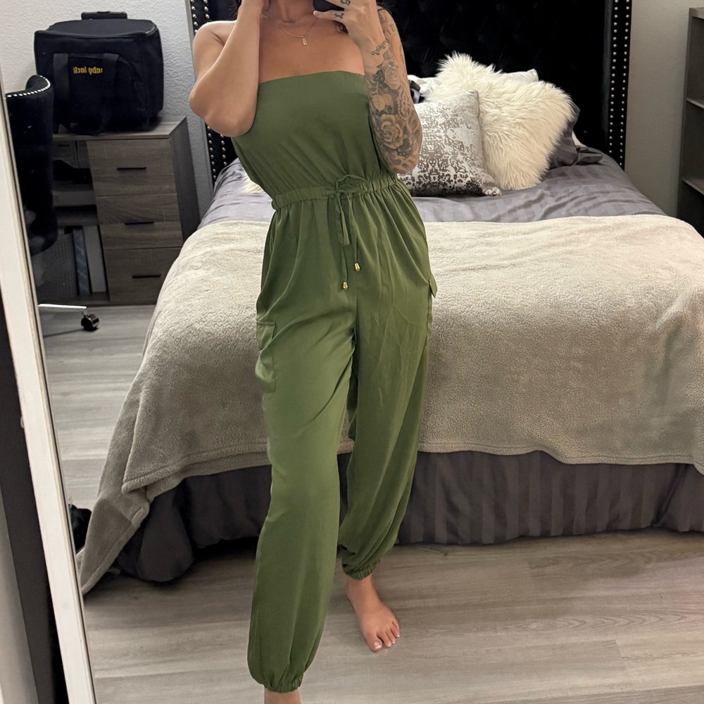 Olive Green Strapless Jumpsuit Jogger Style